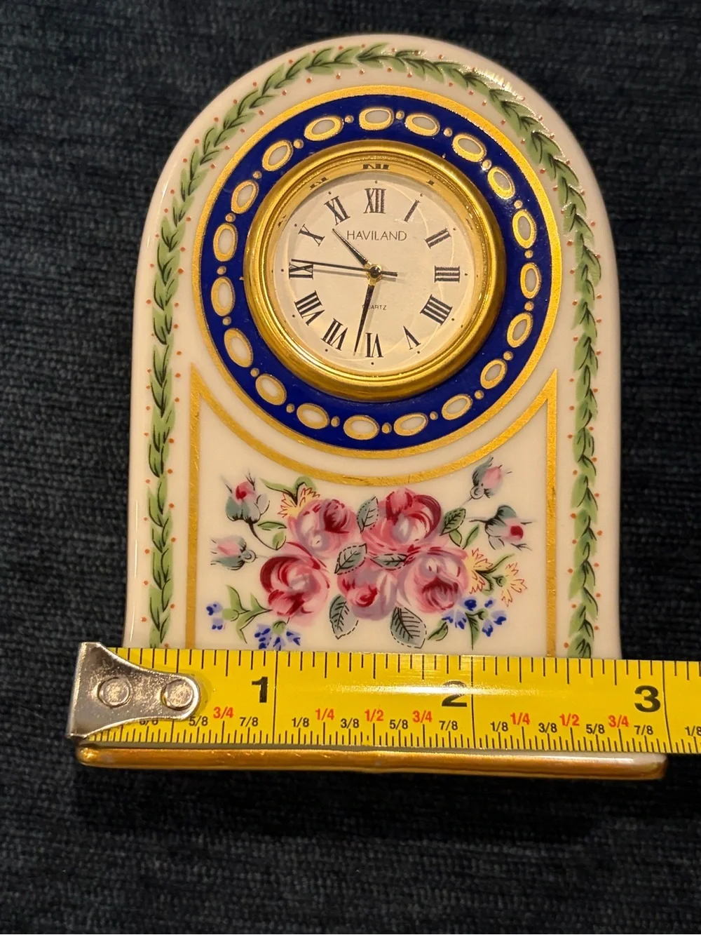 Haviland Limoges Floral Porcelain Desk Clock - Cream with Pink Roses Louvecienne
